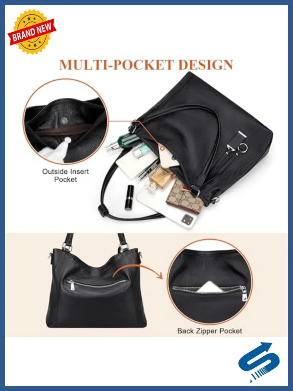Genuine Leather Large Hobo Bag with Detachable Strap, Fits iPad